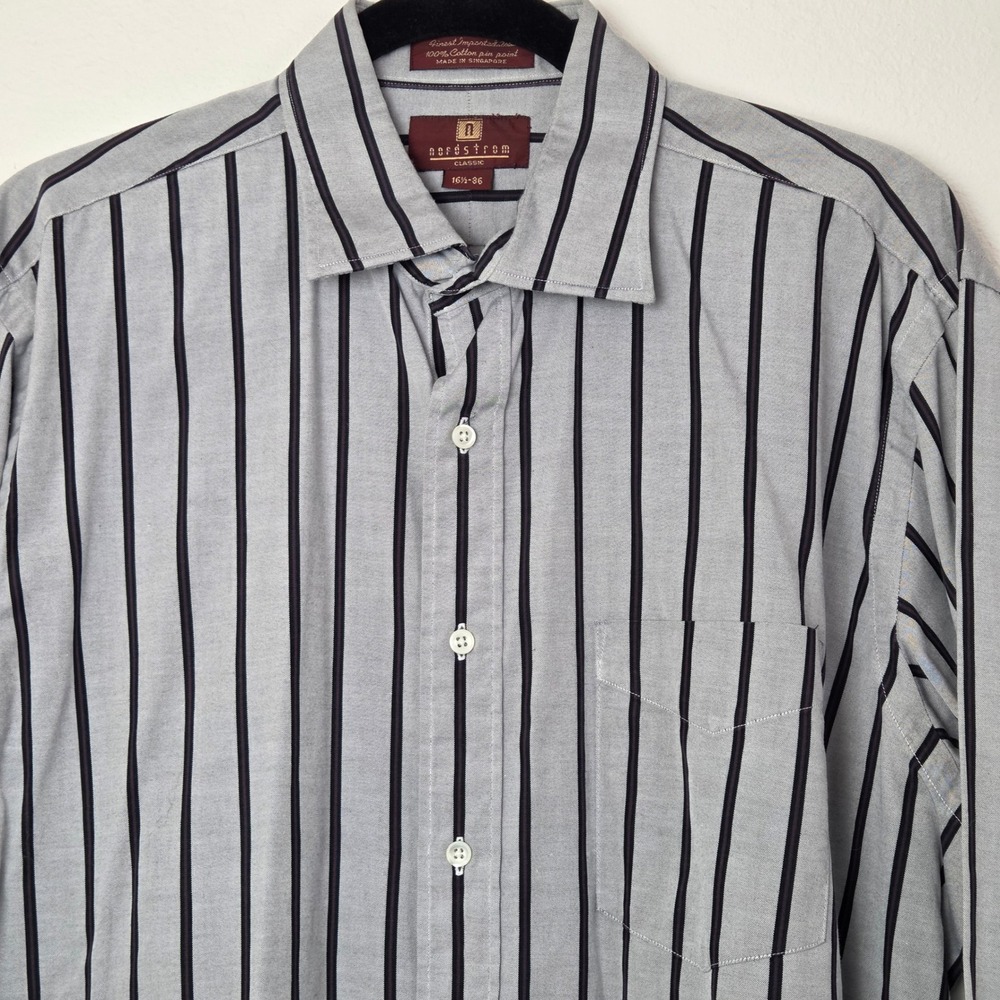 Nordstrom Mens Striped Button Up Shirt Gray 16.5-36 Classic Pinpoint Oxford